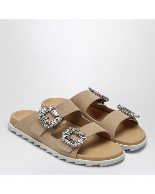 Roger Vivier Suede Slidy Viv' Mule in Natural | Lyst