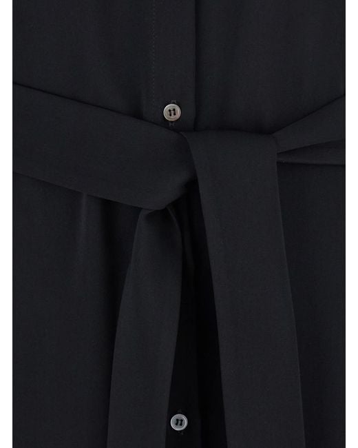 Plain Black Long Dress With Classic Collar And Front Button Closure