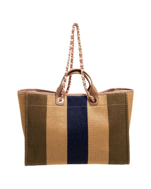 Chanel Leather Multicolor Striped Straw Raffia Large Deauville Shopping Tote - Lyst