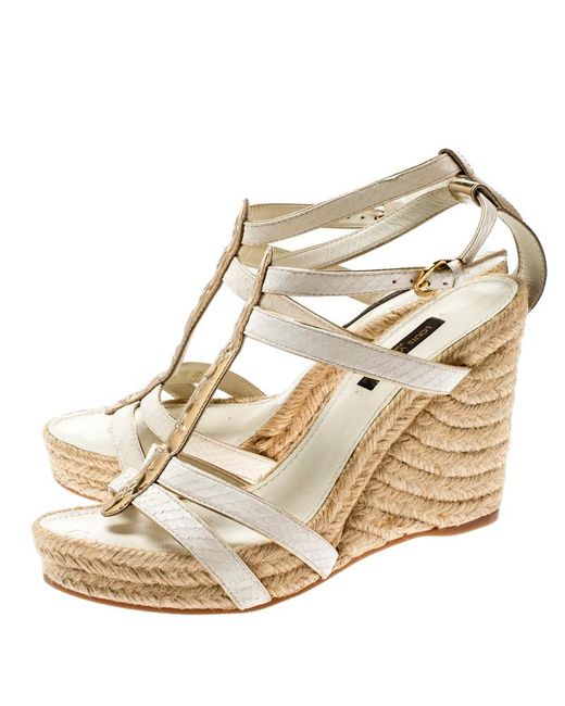 Louis Vuitton White/gold Monogram Leather And Python Bahamas T-strap Espadrille Wedge Sandals ...