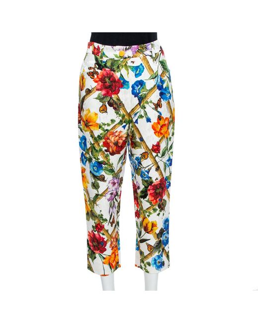 Dolce & Gabbana Floral Print Cotton Jacquard Cropped Pants in White - Lyst