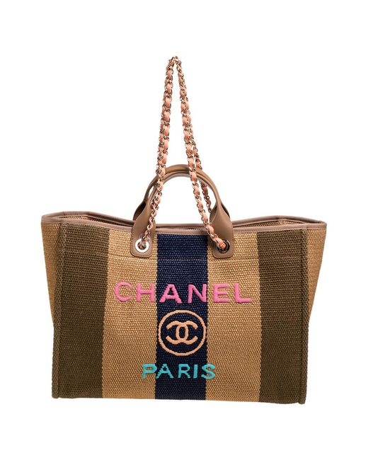 Chanel Leather Multicolor Striped Straw Raffia Large Deauville Shopping Tote - Lyst