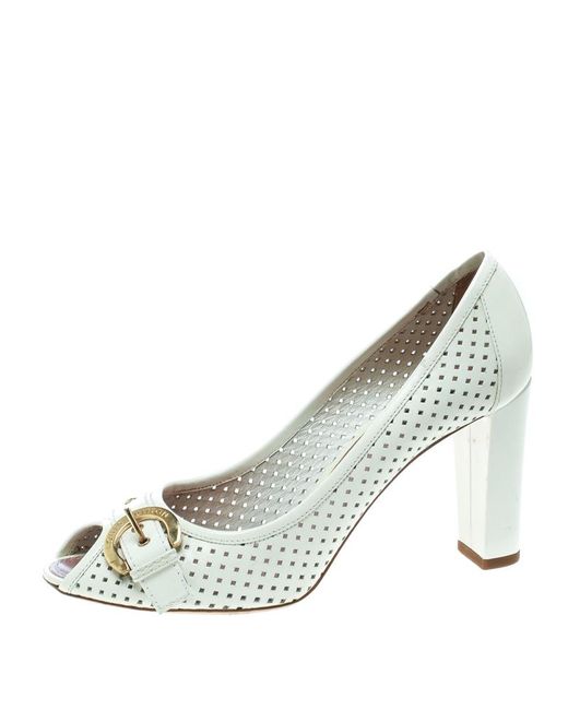 Louis Vuitton White Perforated Leather Buckle Peep Toe Block Heel Pumps Size 39.5 - Save 37% - Lyst