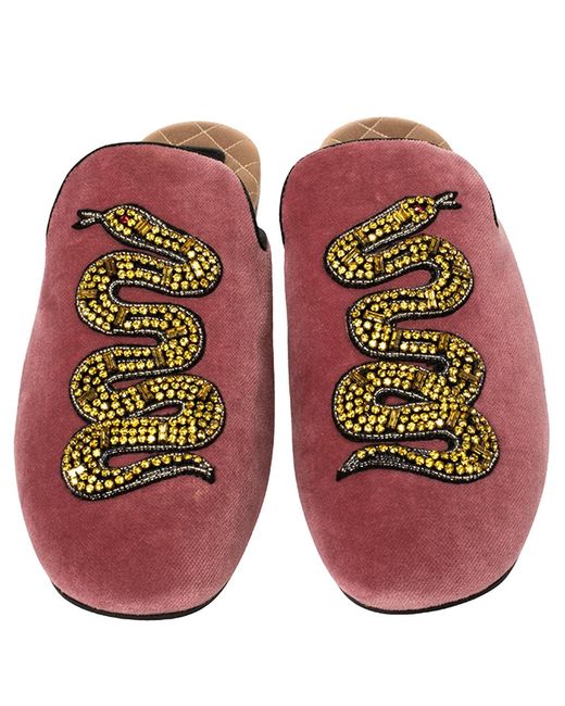 Gucci Pink Velvet Snake Embellished Flat Mules - Lyst