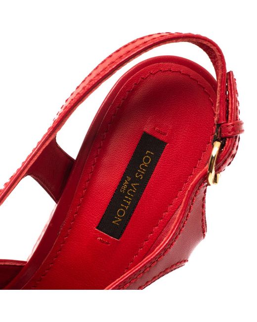 Louis Vuitton Red Leather And Multicolor Fabric Wedge Platform Slingback Sandals Size 37 - Lyst