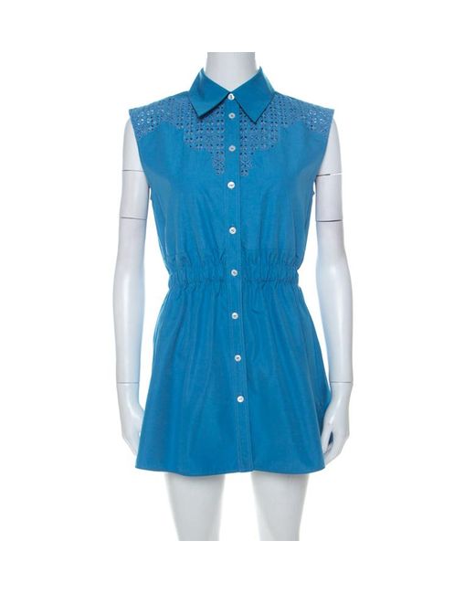 Louis Vuitton Blue Cotton Poplin Cutwork Detail Sleeveless Shirt Dress S - Lyst