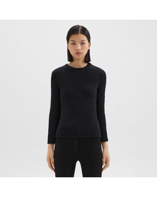 Theory Black Shrunken Crewneck Sweater In Feather Cotton-blend