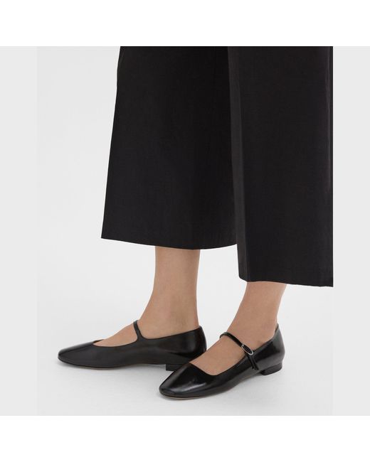 Theory Black Mary Jane Ballerina Flat In Crinkled Patent Leather