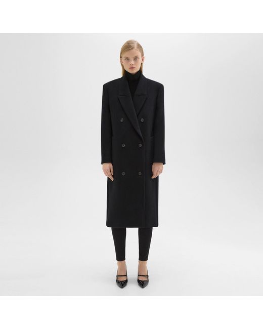 Theory Black Double-breasted Coat In Recycled Wool-blend Melton