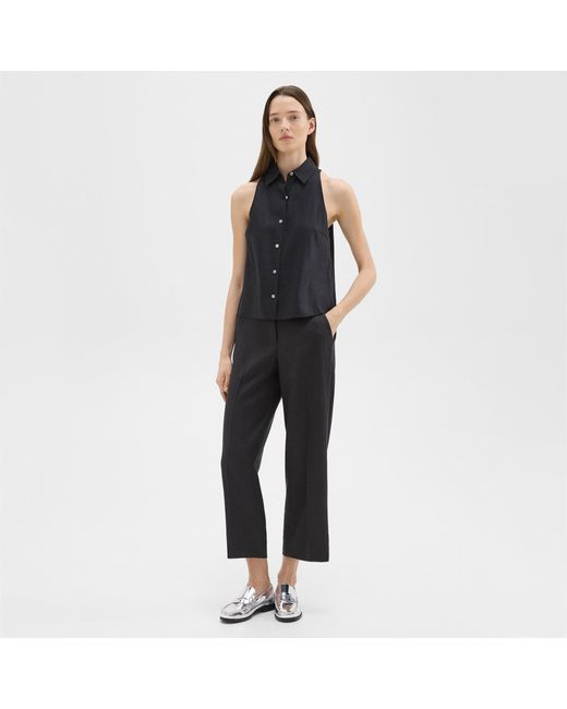 Theory Black Straight-leg Pull-on Pant In Linen-viscose