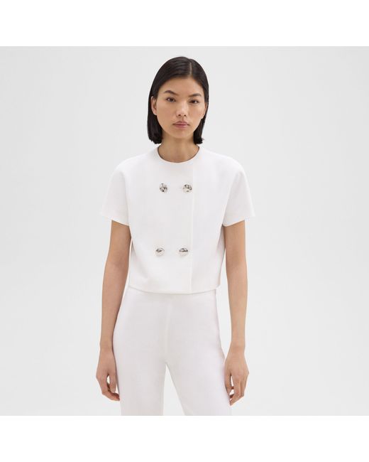 Theory White Double-breasted Crop Top In Crepe