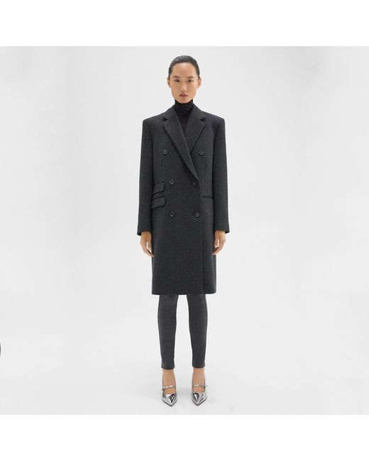 Theory Black Double-breasted Coat In Circle Wool