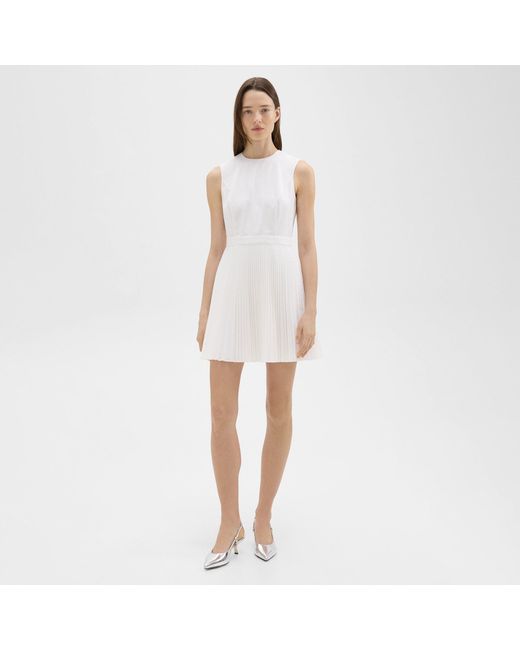 Theory White Pleated Mini Dress In Sleek Poplin