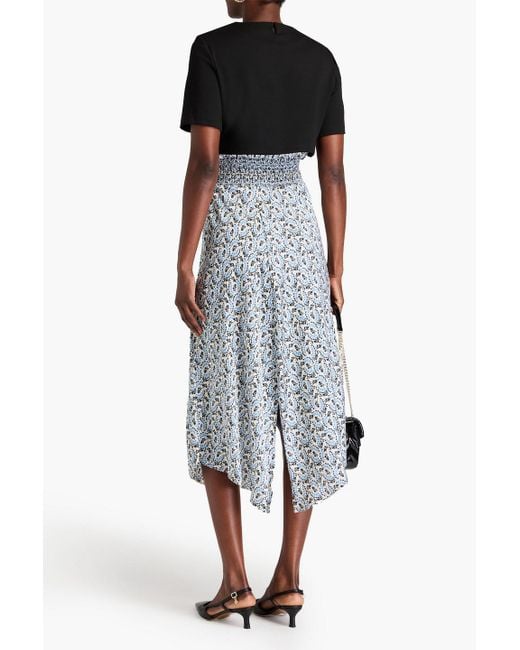 Maje Black Stretch-jersey And Shirred Floral-print Satin Midi Dress