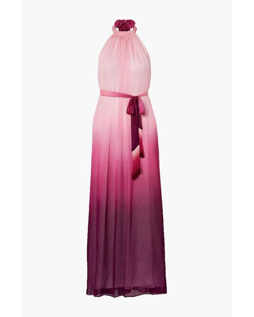 Jonathan Simkhai Pink Fringed Ombré Crinkled Chiffon Halterneck Maxi Dress