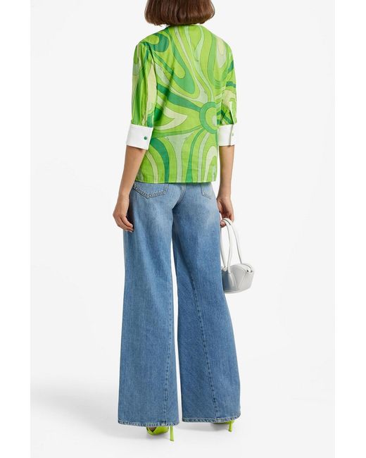 Emilio Pucci Green Ruffled Printed Cotton-blend Gauze Shirt