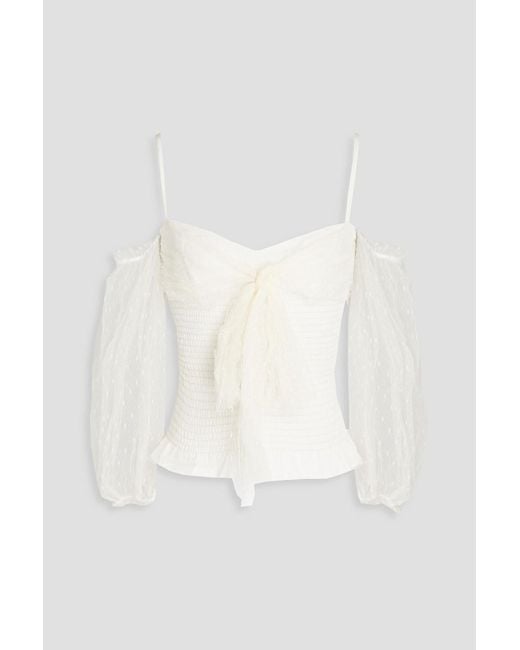RED Valentino White Cold-shoulder Bow-detailed Shirred Point D'esprit Top