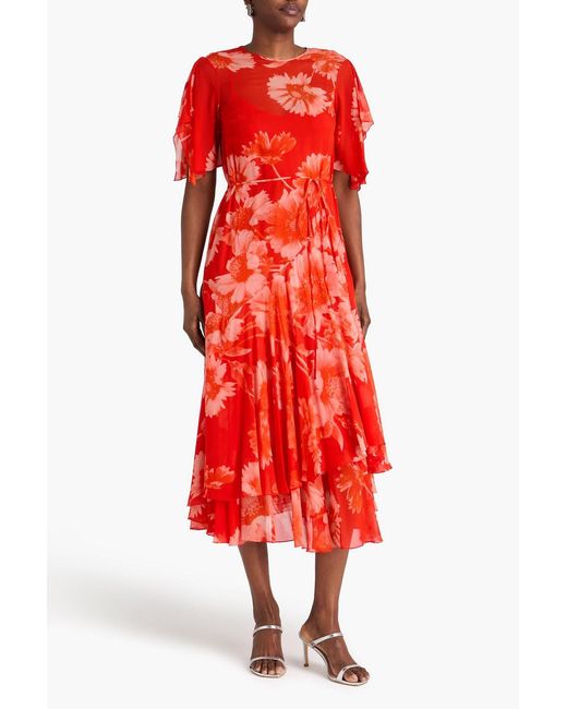 Erdem Red Floral-print Silk-voile Midi Dress