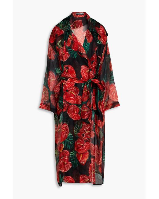 Dolce & Gabbana Red Floral-print Silk-organza Trench Coat
