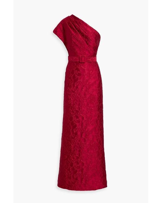 Badgley Mischka Red One-Shoulder Draped Cloqué Gown