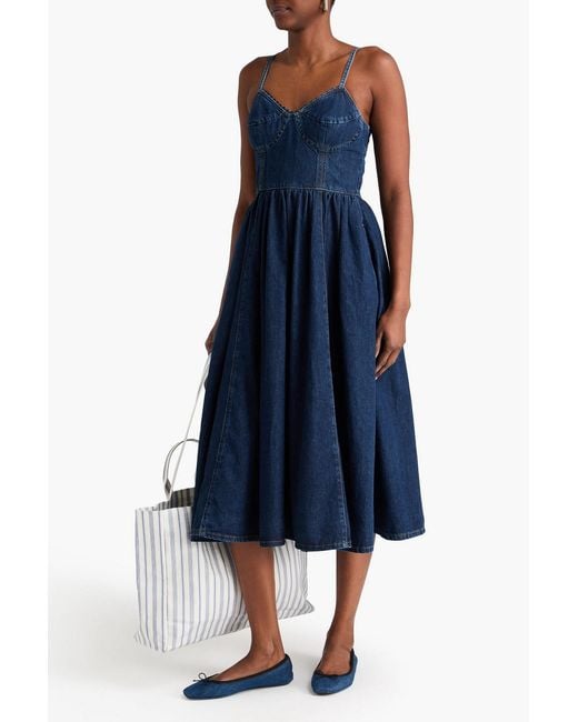 Sandro Blue Rickrack-Trimmed Denim Midi Dress