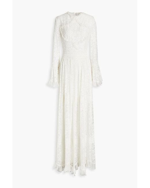 Costarellos White Gathered Guipure Lace-trimmed Silk-blend Chiffon Gown