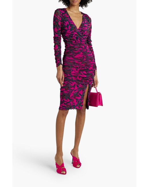 Diane von Furstenberg Purple Rochelle Wrap-effect Floral-print Stretch-mesh Dress