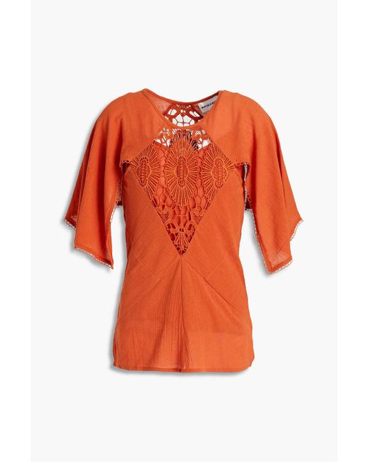 Antik Batik Orange Sola Crocheted Lace-paneled Cotton-gauze Top