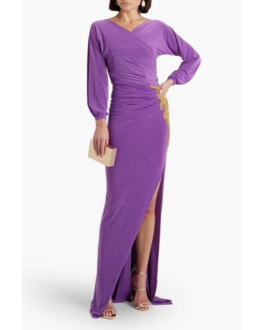 Rhea Costa Purple Wrap-effect Embellished Satin-jersey Gown