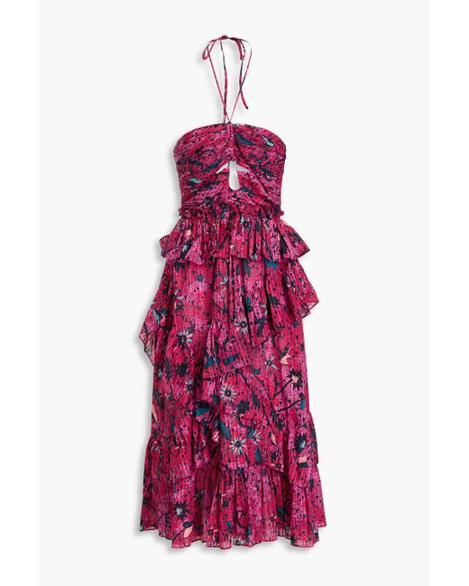 Ulla Johnson Purple Simona Ruffled Printed Cotton-blend Halterneck Midi Dress