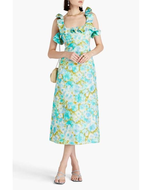 Zimmermann Blue Ruffled Floral-print Linen Midi Dress
