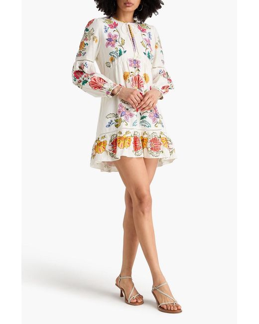 Farm Rio White Tiered Floral-Print Linen-Blend Mini Dress