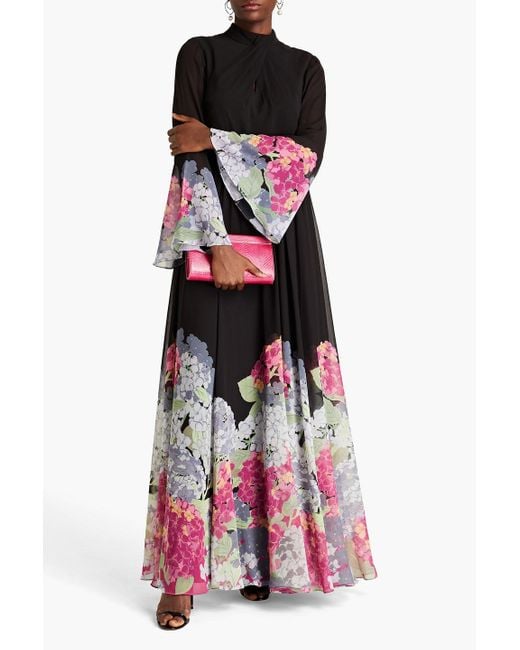 Mikael Aghal Black Gathered Floral-print Chiffon Gown
