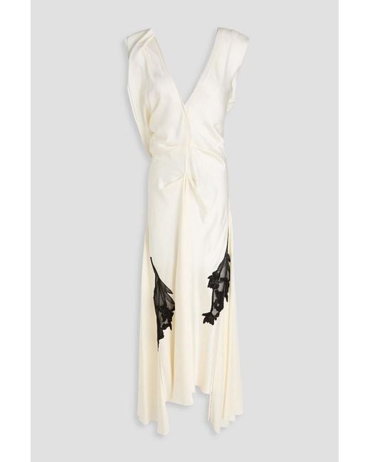 Victoria Beckham White Draped Lace-Trimmed Satin Midi Dress