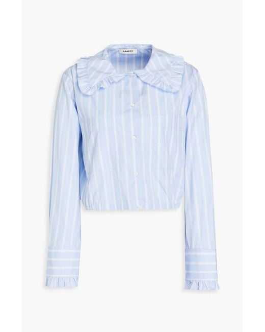 Sandro Blue Ravenne Cropped Ruffled Striped Cotton Shirt