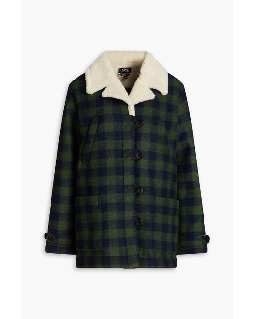 A.P.C. Black Faux Shearling-trimmed Gingham Twill Coat
