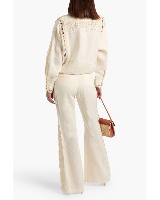 Zimmermann Natural Crochet-Trimmed Linen Wide-Leg Pant