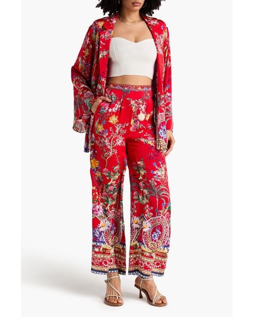 Camilla Red Floral-Print Embellished Silk-Satin Wide-Leg Pants