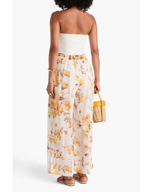 Zimmermann Natural Pleated Floral-Print Ramie Wide-Leg Pants