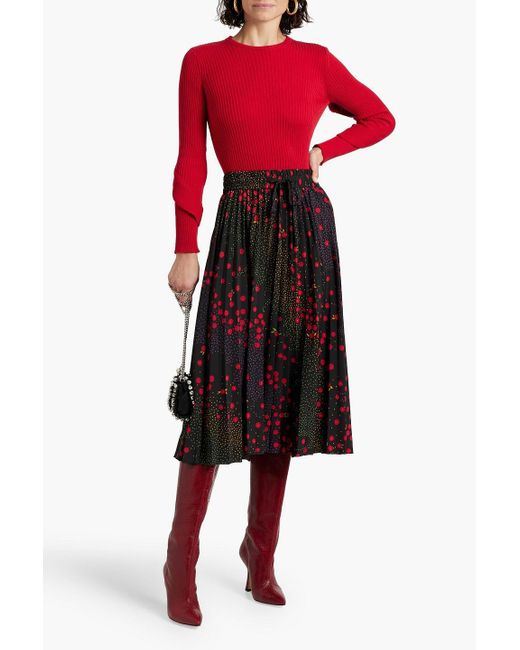 RED Valentino Red Pleated Floral-print Crepe Midi Skirt
