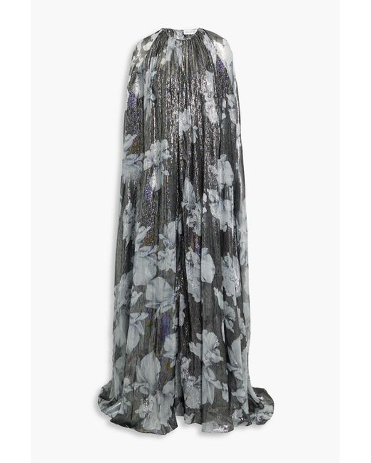 Halston Heritage Gray Nicoletta Cape-effect Floral-print Silk-blend Gown