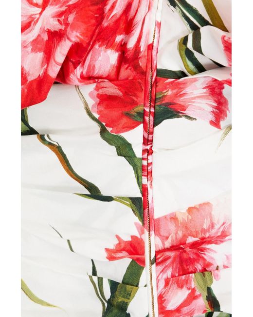 Dolce & Gabbana Red Drapiertes midikleid aus stretch-baumwolle mit floralem print und asymmetrischer schulterpartie