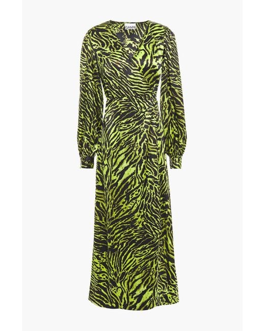 Ganni Green Tiger-print Silk-blend Satin Midi Wrap Dress