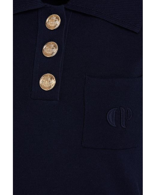 Claudie Pierlot Blue Embroidered Ribbed Cotton-blend Polo Sweater