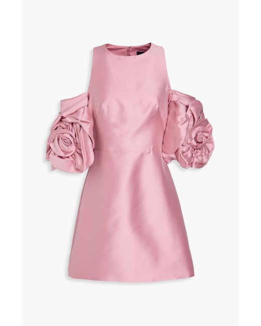 Marchesa Pink Cold-Shoulder Floral-Appliquéd Satin-Twill Mini Dress