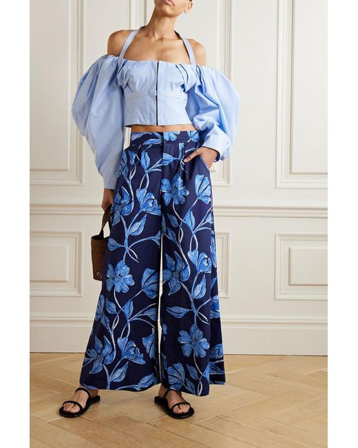 PATBO Blue Nightflower hose mit weitem bein aus bedruckter popeline aus einer baumwollmischung