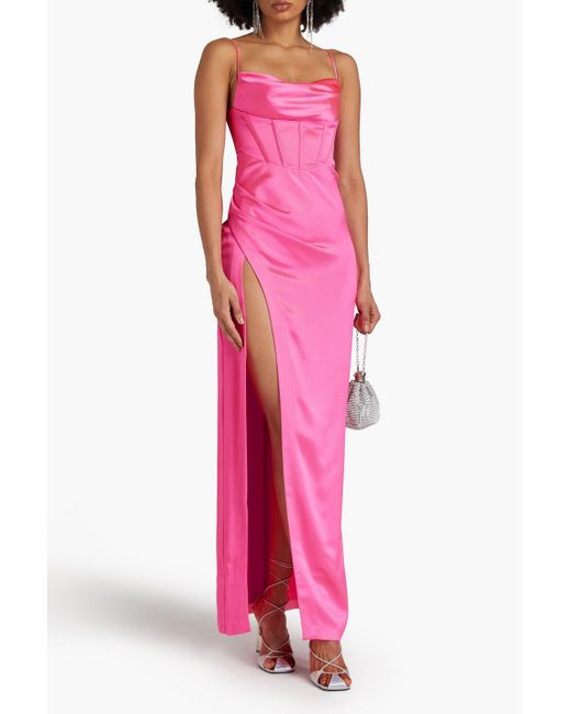 retroféte Pink Rosa maxikleid aus glänzendem crêpe mit cut-outs und drapierung