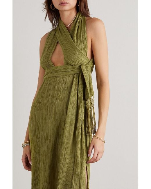 Savannah Morrow Verita Open-back Crinkled Silk And Bamboo-blend Halterneck  Maxi Dress in Green | Lyst