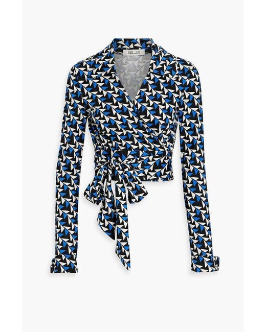Diane von Furstenberg Blue Bobbie Cropped Printed Silk And Cotton-blend Jersey Wrap Top