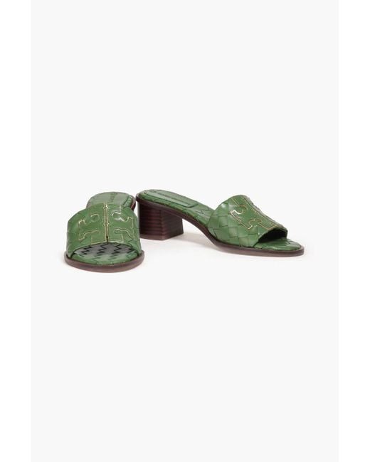 Tory Burch Green Ines Woven Leather Mules